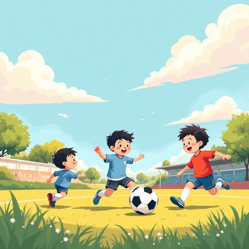Three boys playing football on a sunny field